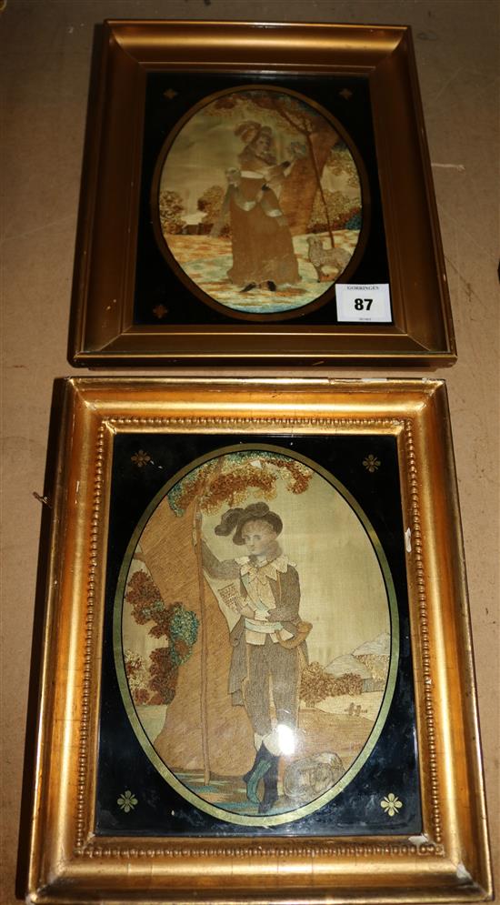 Pair of Regency silkwork pictures of a gentleman and lady shepherdess, overall 12 x 10in(-)